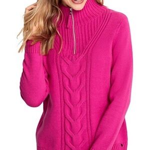 Olsen Pink Cable Knit Cotton Blend Quarter Zip Mockneck Sweater‎ Size Small
